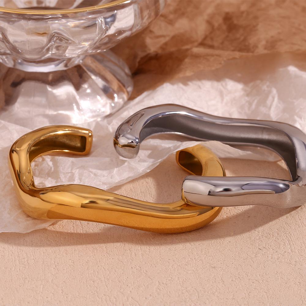 18K Gold-Plated Stainless Steel Wave Open Bangle for Women
