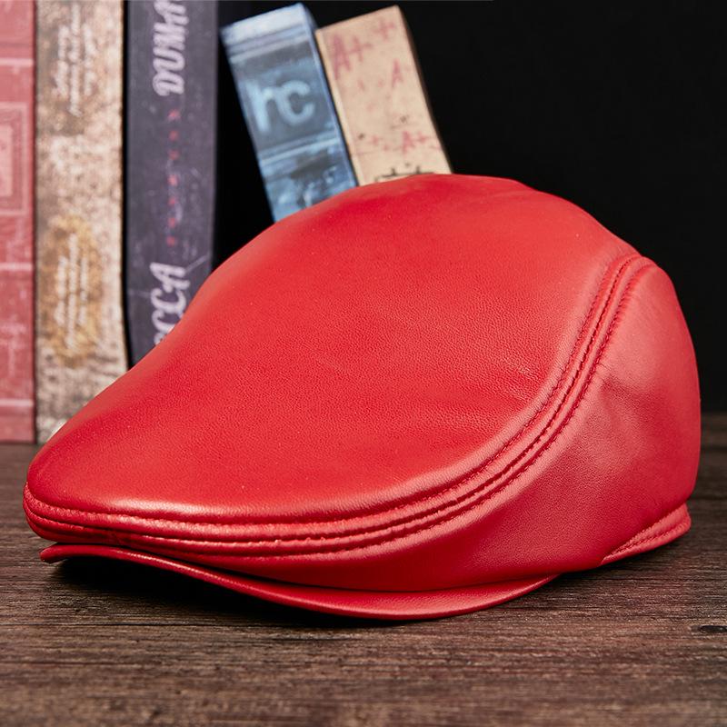 Unisex Dark Red Genuine Leather Sheepskin Flat Cap - Korean Style Warm Duckbill Cotton Hat for Autumn & Winter