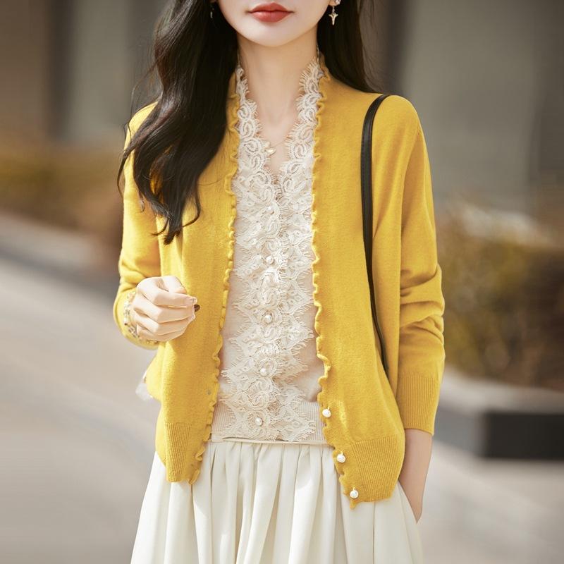 Lace Splicing Fake Two-Piece Knitted Cardigan Women'S New Worsted Wool Long-Sleeved Warm Backing Sweater Top