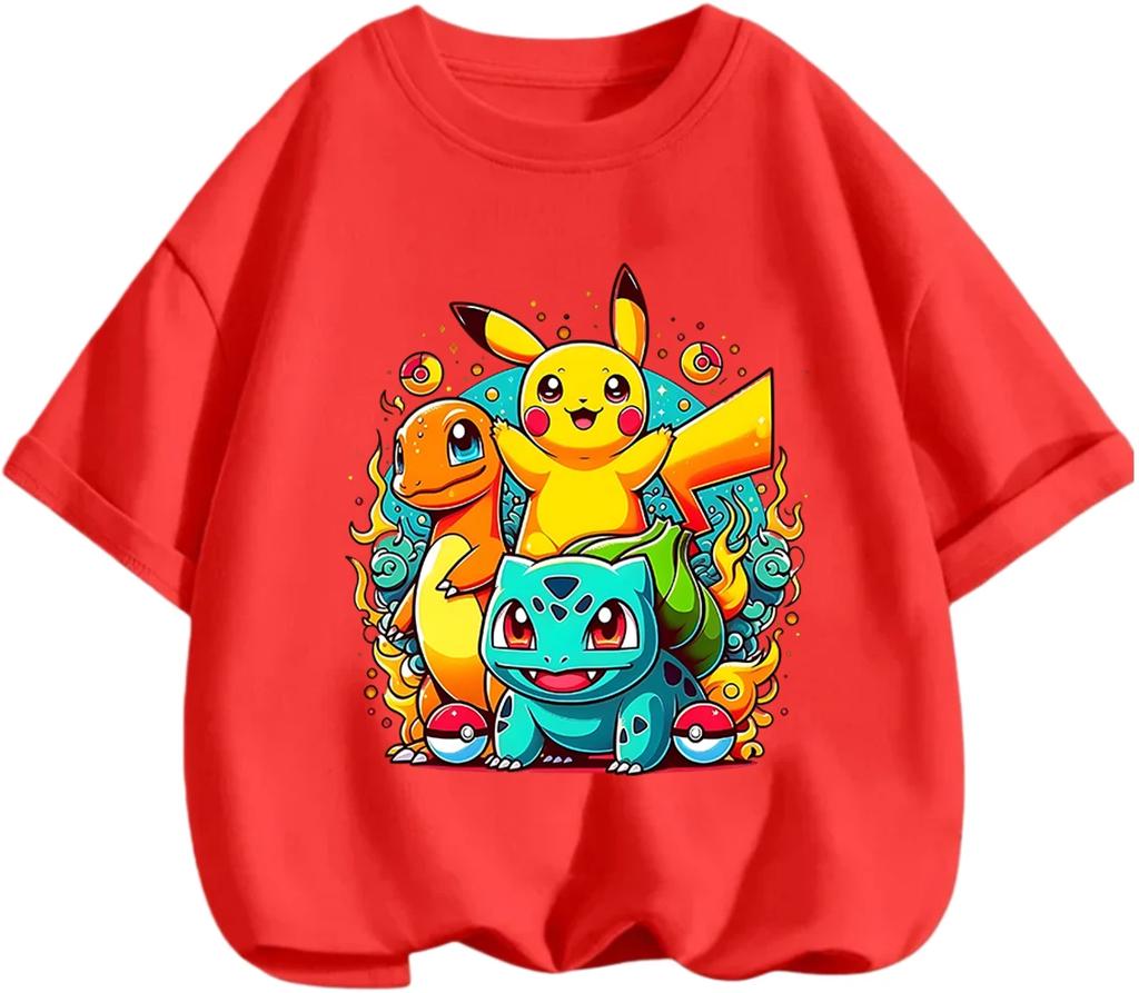 Hot Selling 2026 Kids T Shirt Pikachu Lovely Pattern Soft Comfy Casual School Wear Boys Girls Summer Street Apparel