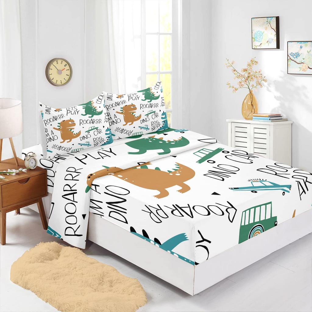 Cartoon animal little dinosaur pattern bed hat four-piece bedding set bedroom dormitory bedding decoration