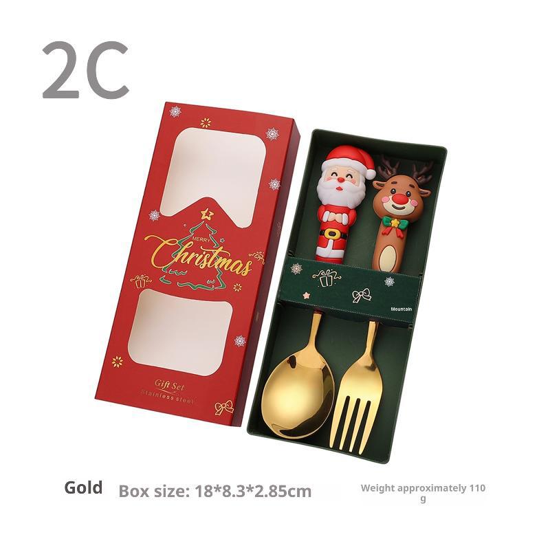 4Pcs Christmas Gift Glod Silver Spoon Fork Set Elk Christmas Tree Decoration Dessert Scoop Fruit Fork Coffee Spoon Cutlery Set