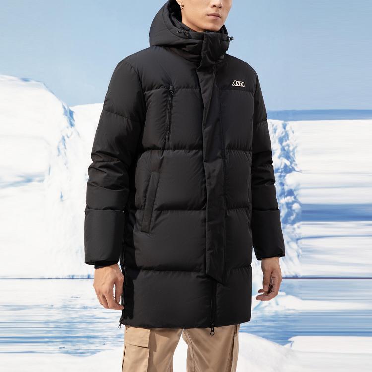 Anta Letter Mid-Length Hooded Down Jacket Men Outerwear Black 952148910-2