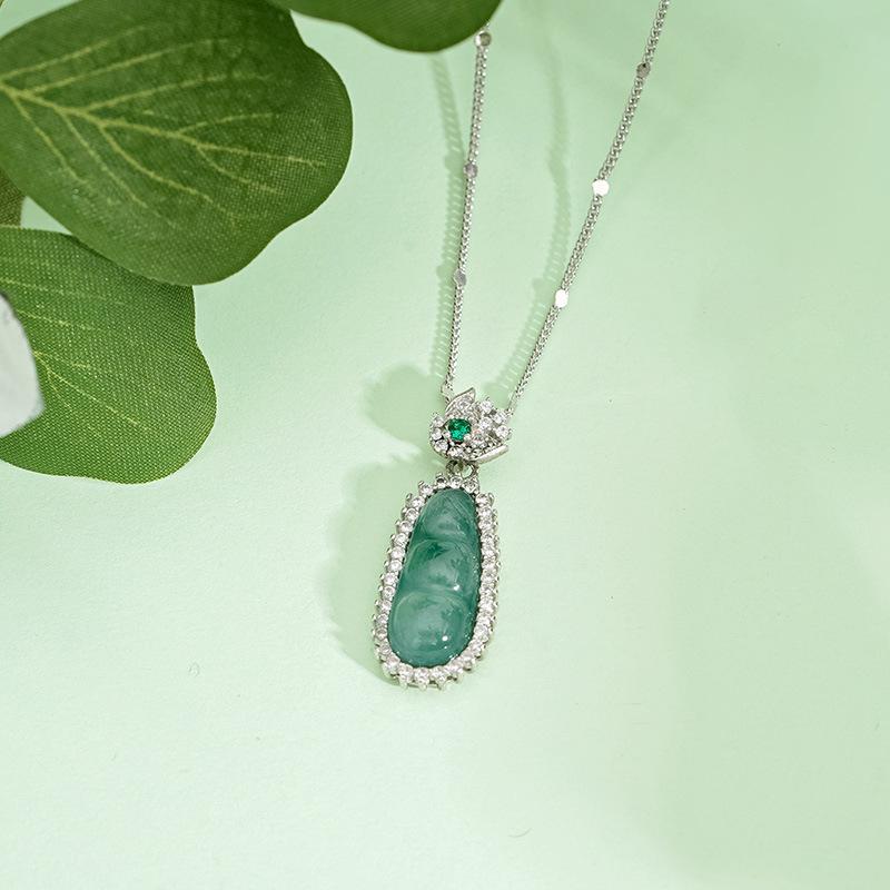 Tichiya Blue Water Jade Ping an Bean Necklace for Women - S925 Sterling Silver, Chinese Luxury Clavicle Chain 925 Silver