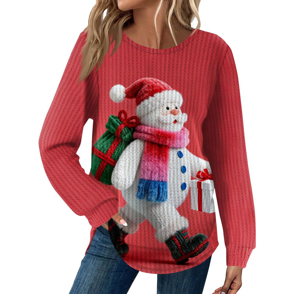 Dámská móda Ležérní Volný Top s kulatým výstřihem a dlouhým rukávem s vánočním potiskem