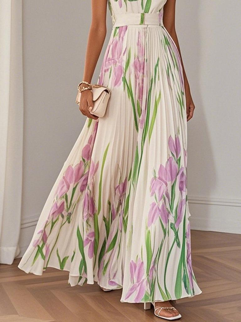 2026 Europäisches und Amerikanisches Damen-Spaghettiträger Digitales Florales Plissee-Langkleid