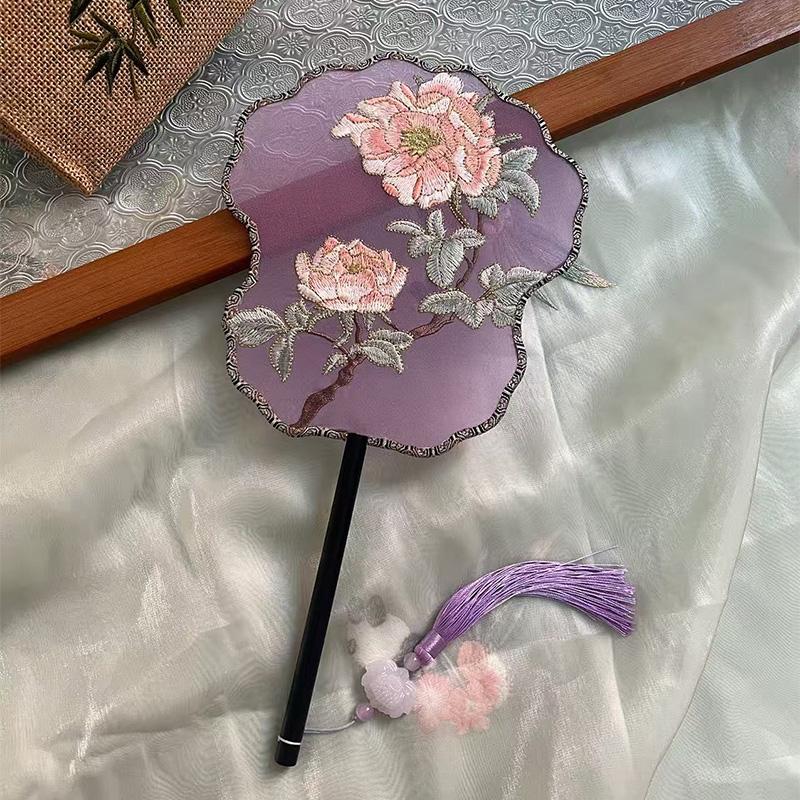 Chinese Style Hanfu Ancient Fan Dance Shooting Long Handled Embroidered Classical Double Sided Fan Female Decorative Fan