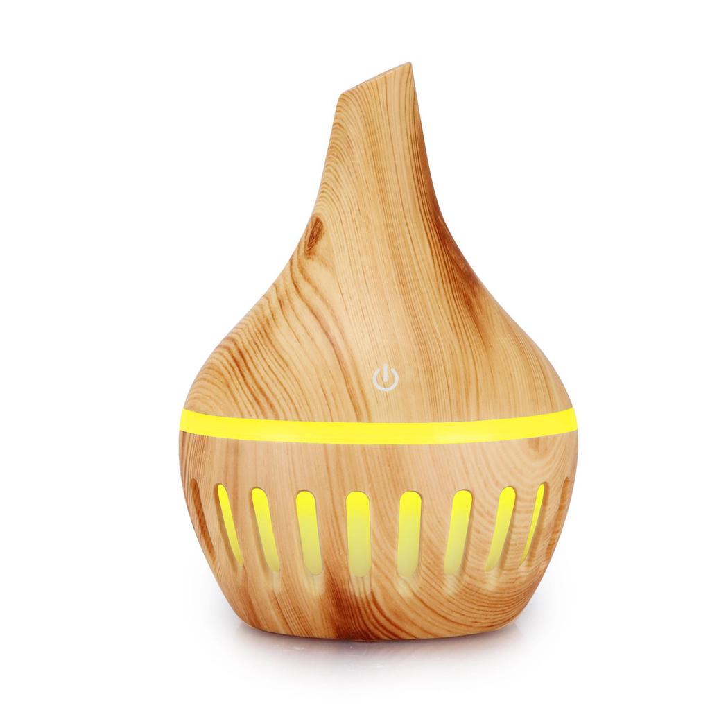 300ml Wood Grain Flat Mouth Humidifier with Touch Night Light - USB Mini Aromatherapy and Desktop Companion