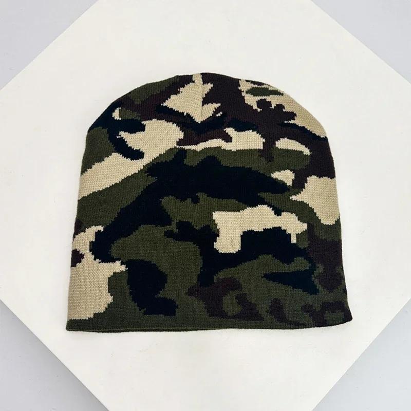 Autumn and Winter New European Style Camouflage Color Block Knitted Hats Warm Versatile Hip Hop Beanies Street Fashion Outdoor