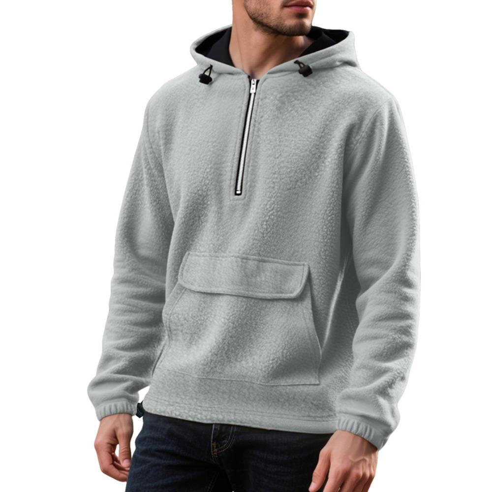 Sweter Męski Jesień i Zima Polarowy z Kapturem Luźny z Kieszenią Półrozpinany Pulower Sweter z Kapturem dla Mężczyzn