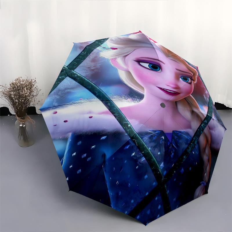 Elsa Frozen Princess Automatic Folding Umbrella - 3 Folding Design, Vivid Cartoon Pattern, Suitable for Outdoor Activities, A Gift for Fans