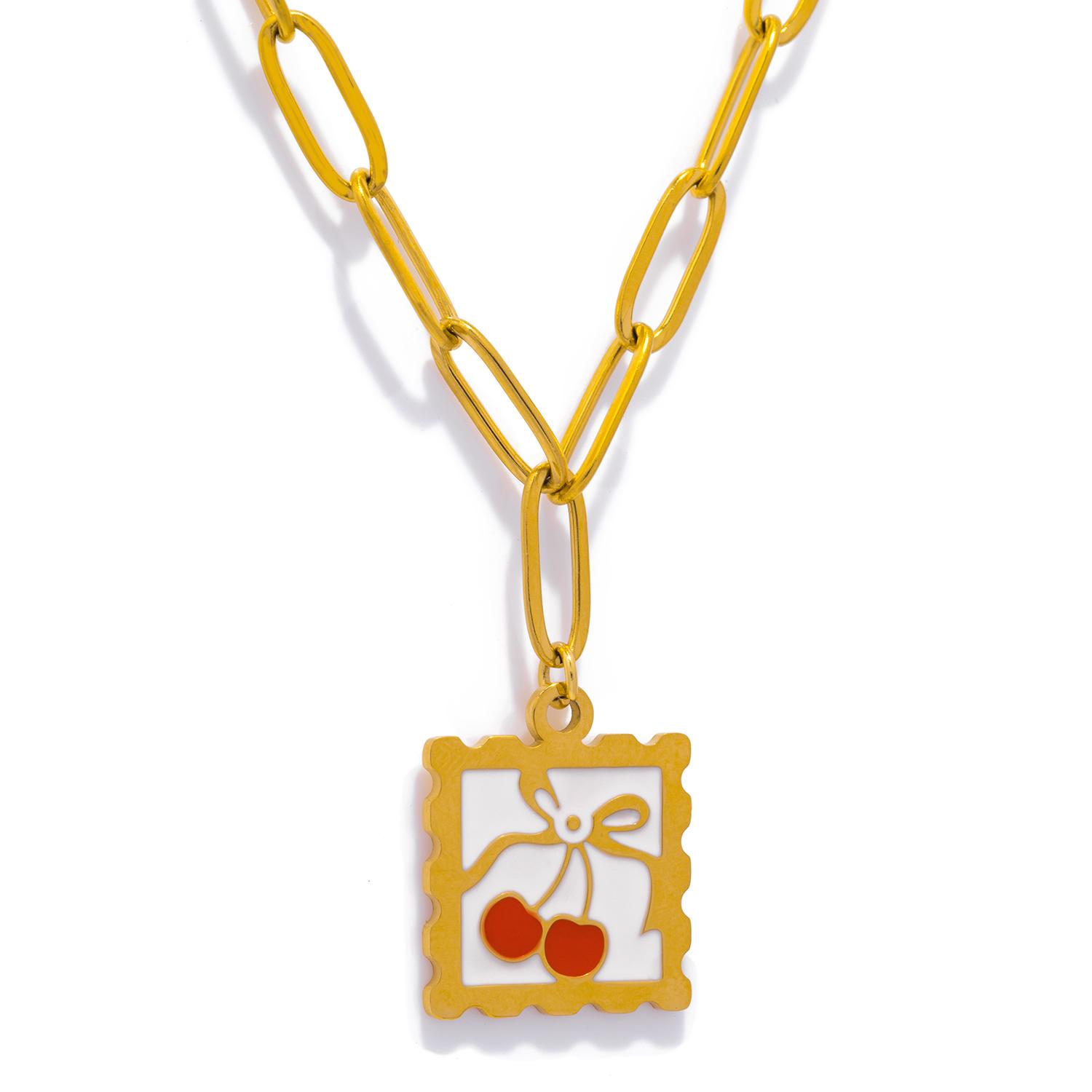 Нейтральное стальное ожерелье 316L - причудливый кулон-шарм  Вишня и клубника , квадратный 17 мм, гипоаллергенное изящное украшение для женщин