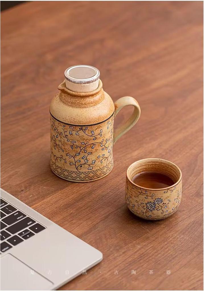 Ancient Lotus Woven Stem Thermos & Teacup Set - Ceramic Insulated Pot with Retro Mute Design, Ideal for Business Gifts and Souvenirs.
