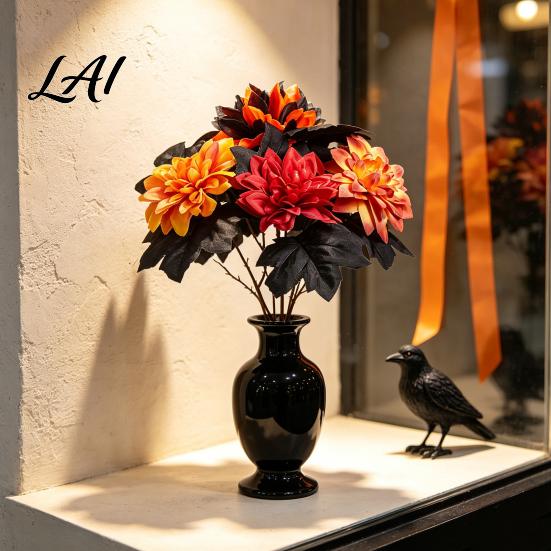 Fake Maple Leaf Decor Halloween Artificial Flower Fall Faux Sunflower Rose Bouquet with Black Maintenance Free Flowers Leaves Autumn Floral