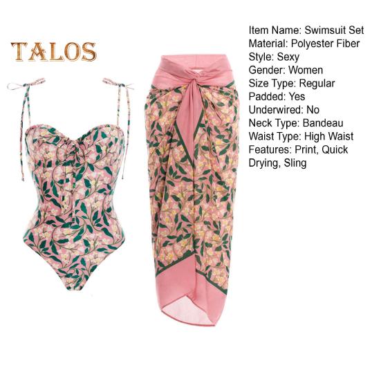 2Pcs/Set Women Swimsuit Set Sling Floral Print One-Piece Beach Cover Wrap Skirt Set for Beach Vacation Party