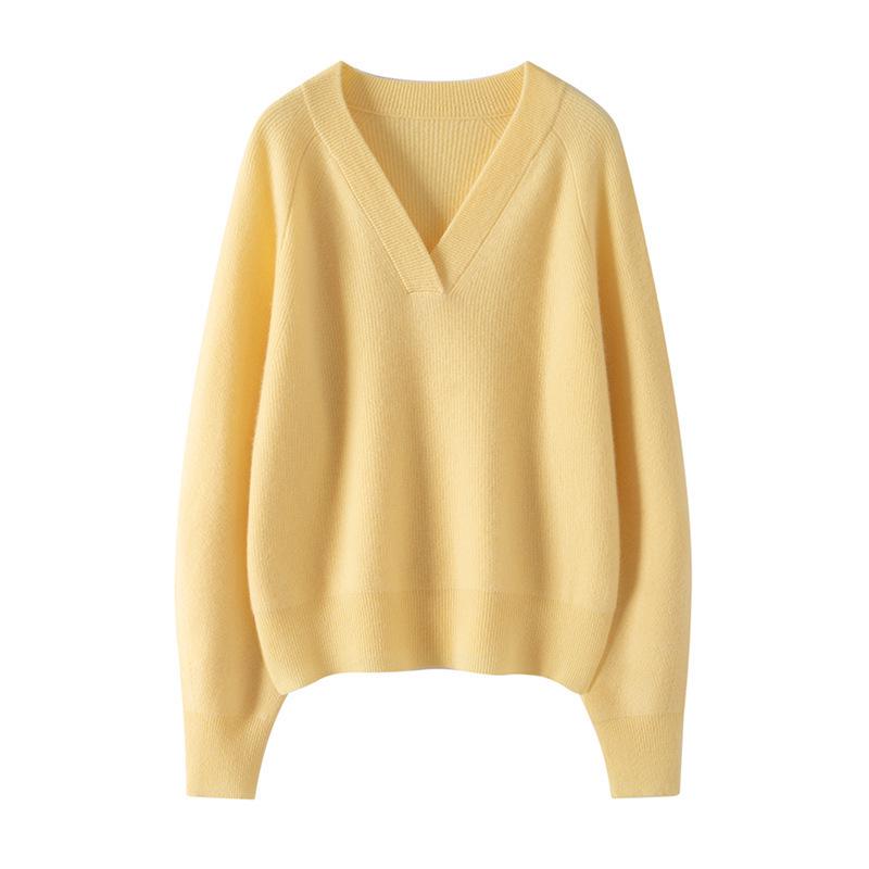 Women's Cashmere V-Neck Sweater - Thick, Loose, Solid Color for Autumn/Winter