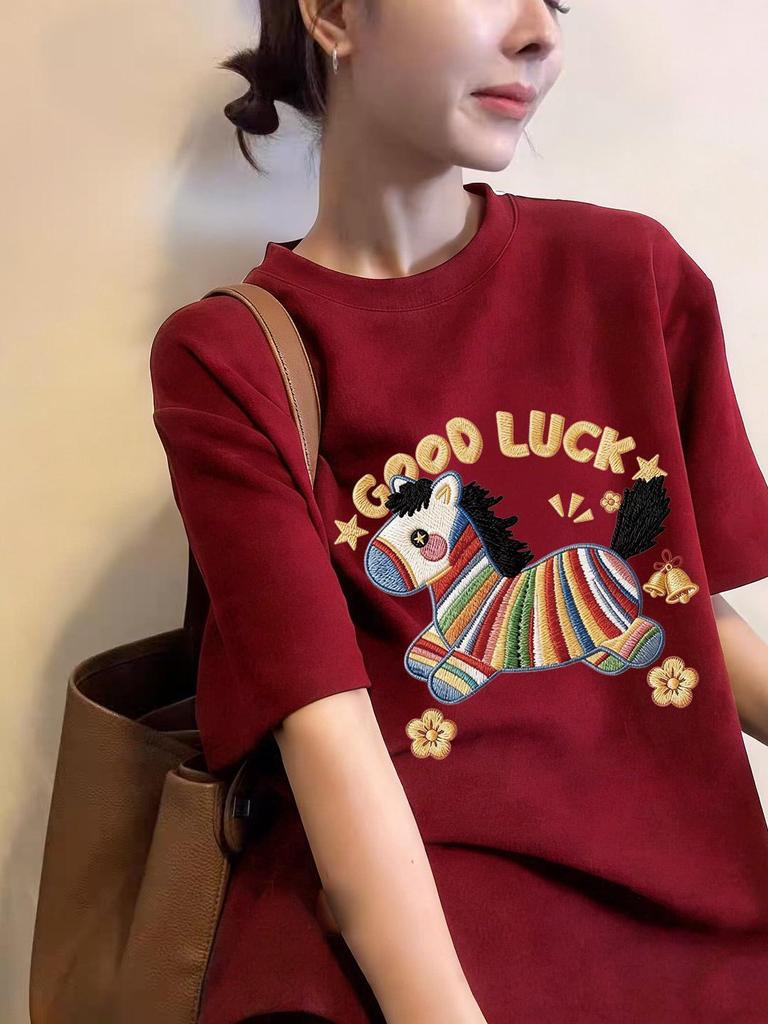 Korean Retro Horse Print Short Sleeve Women's T-Shirt, New 2026 Round Neck Trendy Top
