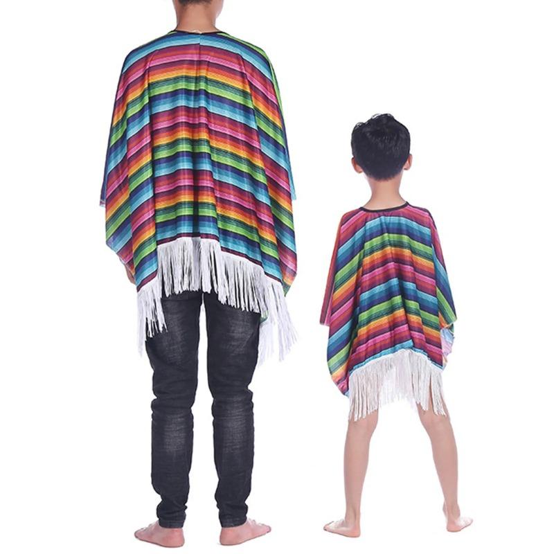 Dětský Dospělý Mexický Párty Kostým Barevný Plášť Plášť Široký Klobouk Klobouk Sluneční Brýle Vous Mexická Dovolená Halloween Fiesta
