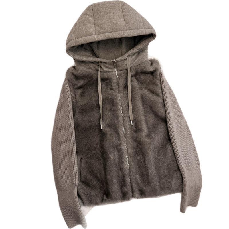 Feeling fake two pieces knitted splicing sleeves fluffy hooded short jacket women's small warm cotton clothes trendy