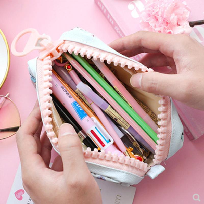 Simple Girls Pencil Case Large Capacity Cartoon Pattern Cute Canvas Stationery Bag Students Supplies