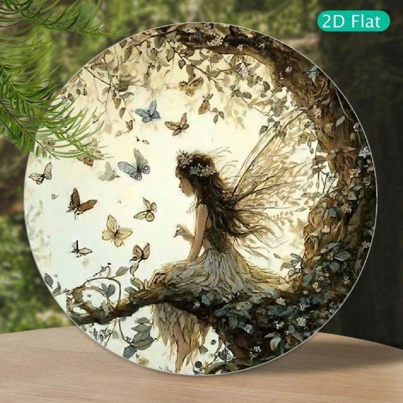 Fairy Butterfly Round Metal Poster 8x8 Inch Aluminum Wall Art Home Decor