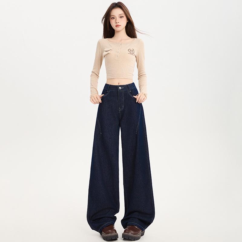 

Women s High-Waisted Curved Leg Jeans – 2026 Spring/Autumn Collection, Loose Drapey Floor-Length Slimming Pants. Denim Blue (Extended)
