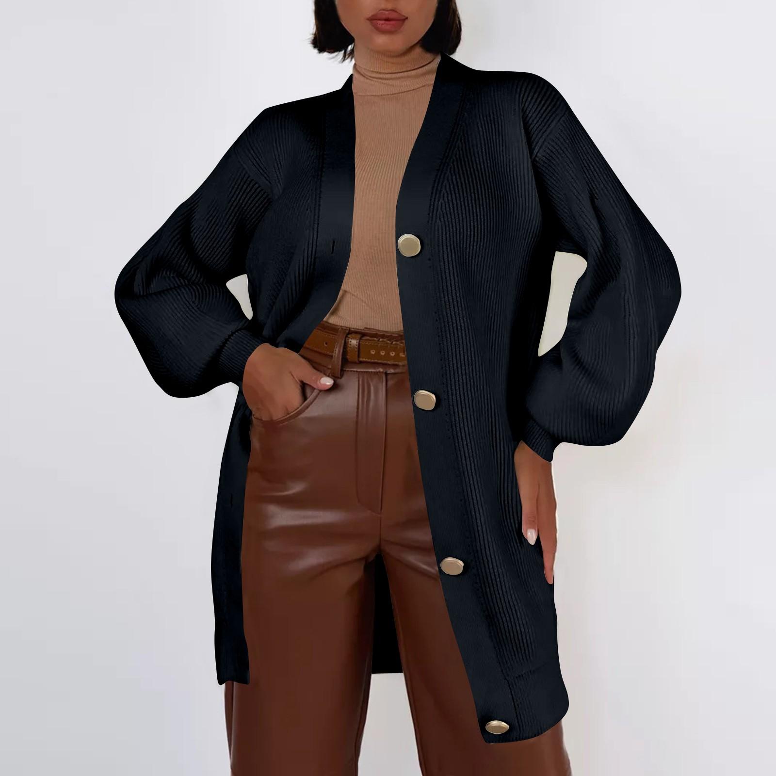 

Женский однотонный повседневный вязаный кардиган с карманом средней длины, свободный свитер с V-образным вырезом и металлическими пуговицами, куртка-свитер L чёрный