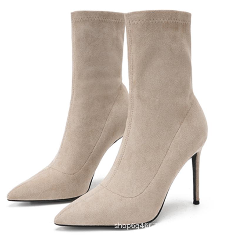 Autumn and winter new black high-heeled short boots women's elastic thin boots thin heel pointed versatile short tube apricot single boots