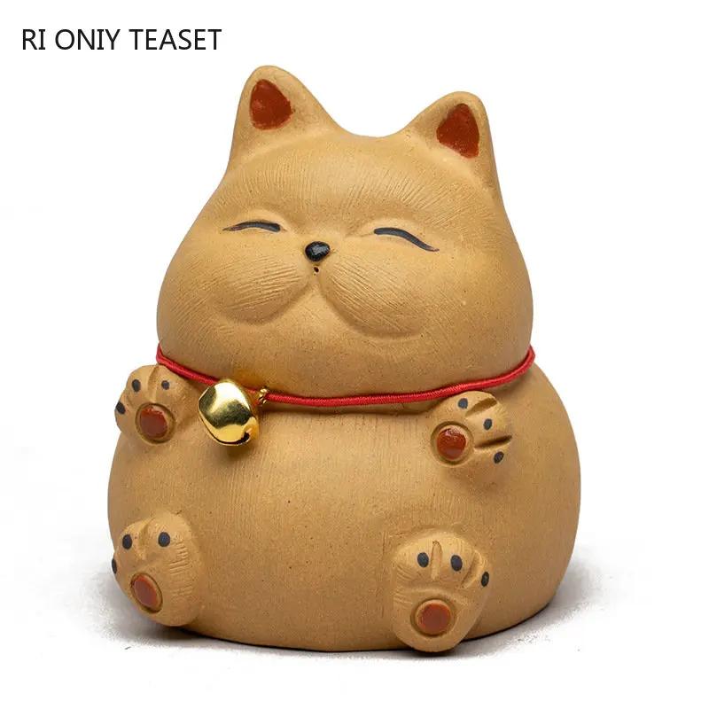 Chinese Yixing Purple Clay Tea Pet Handmade Sculpture Animal Ornaments Lucky Cat Statue Decoration Desktop Decors Crafts Tea Set