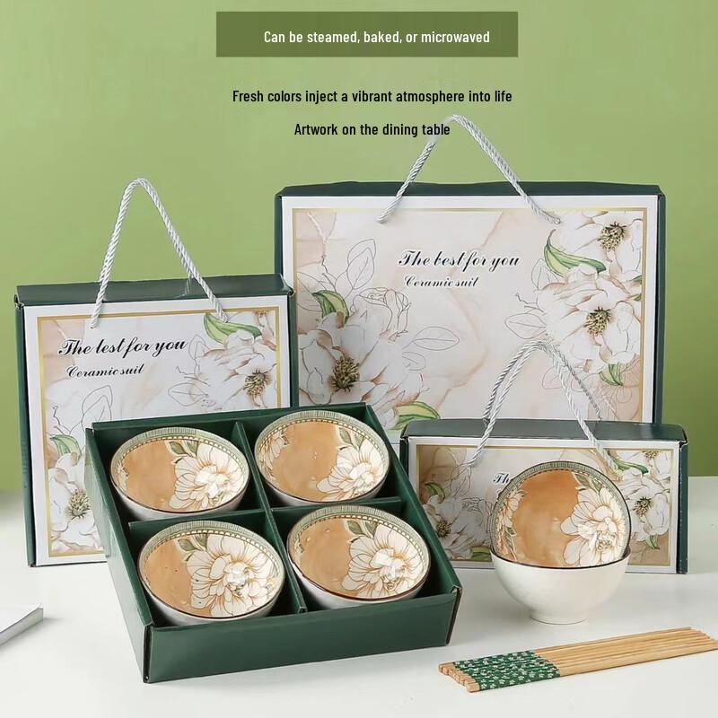 ZISIZ Tea Flower Ceramic Bowl & Chopstick Gift Set