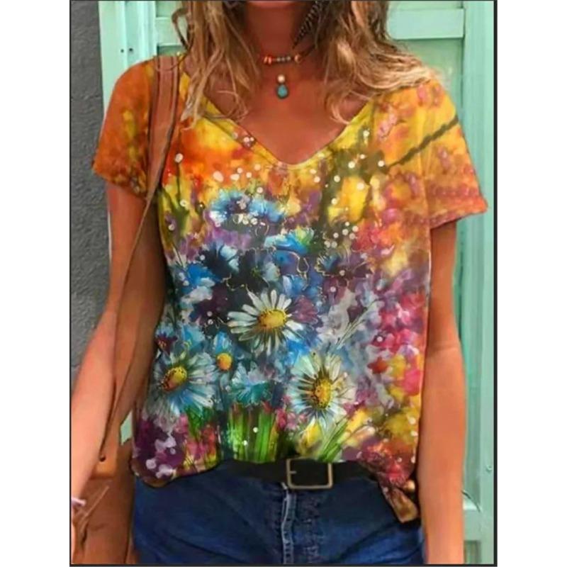 Summer Scenery Flowers Plants 3D Printed Short Sleeved T-shirt Women's Loose Short Sleeved Top V-neck T-shirt