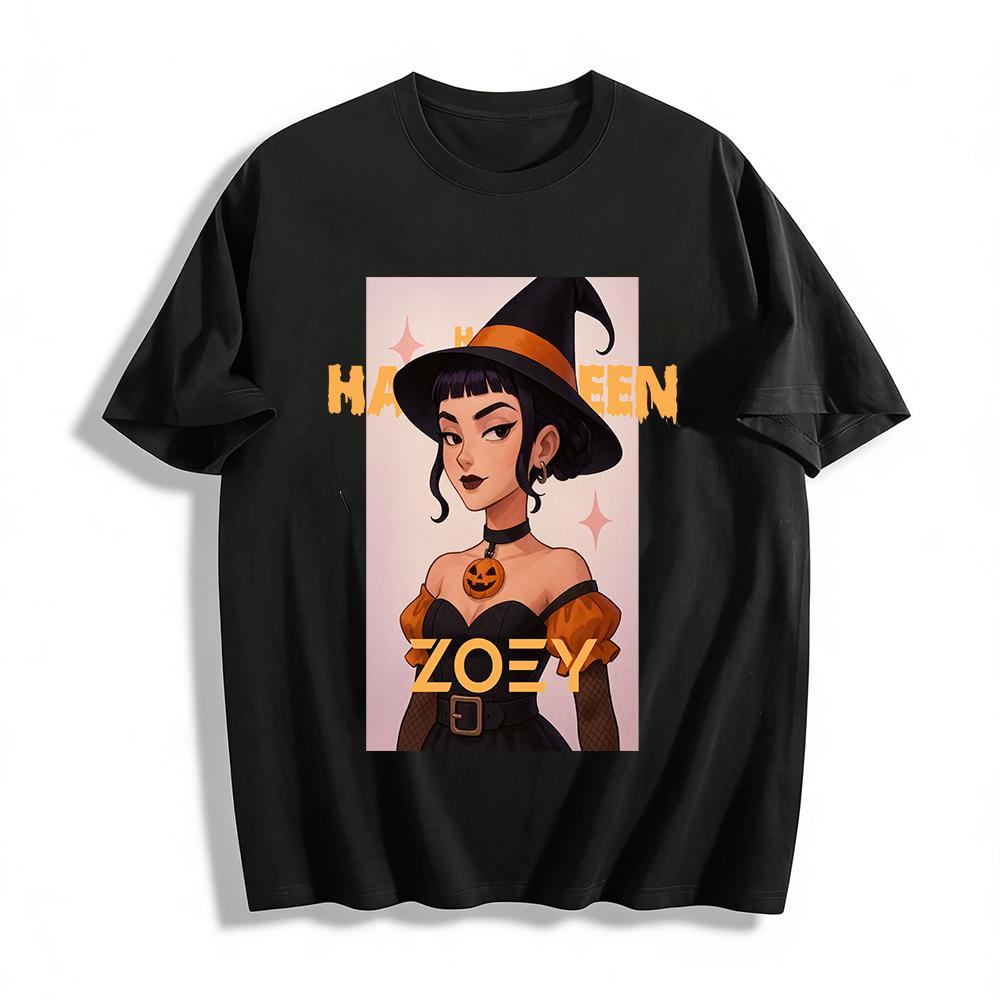

Halloween Zoey Witch Print Off Shoulder Top Women Gothic Pumpkin Graphic Mesh Sleeve Blouse Pure cotton T-shirt XXS