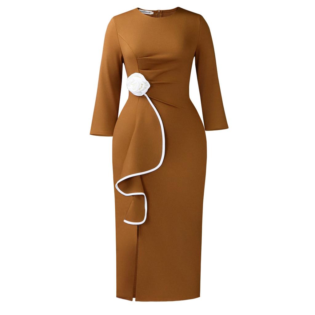 Women's large-size elegant round neck three-dimensional flower fashion ruffle leaf hip-wrapped temperament dress