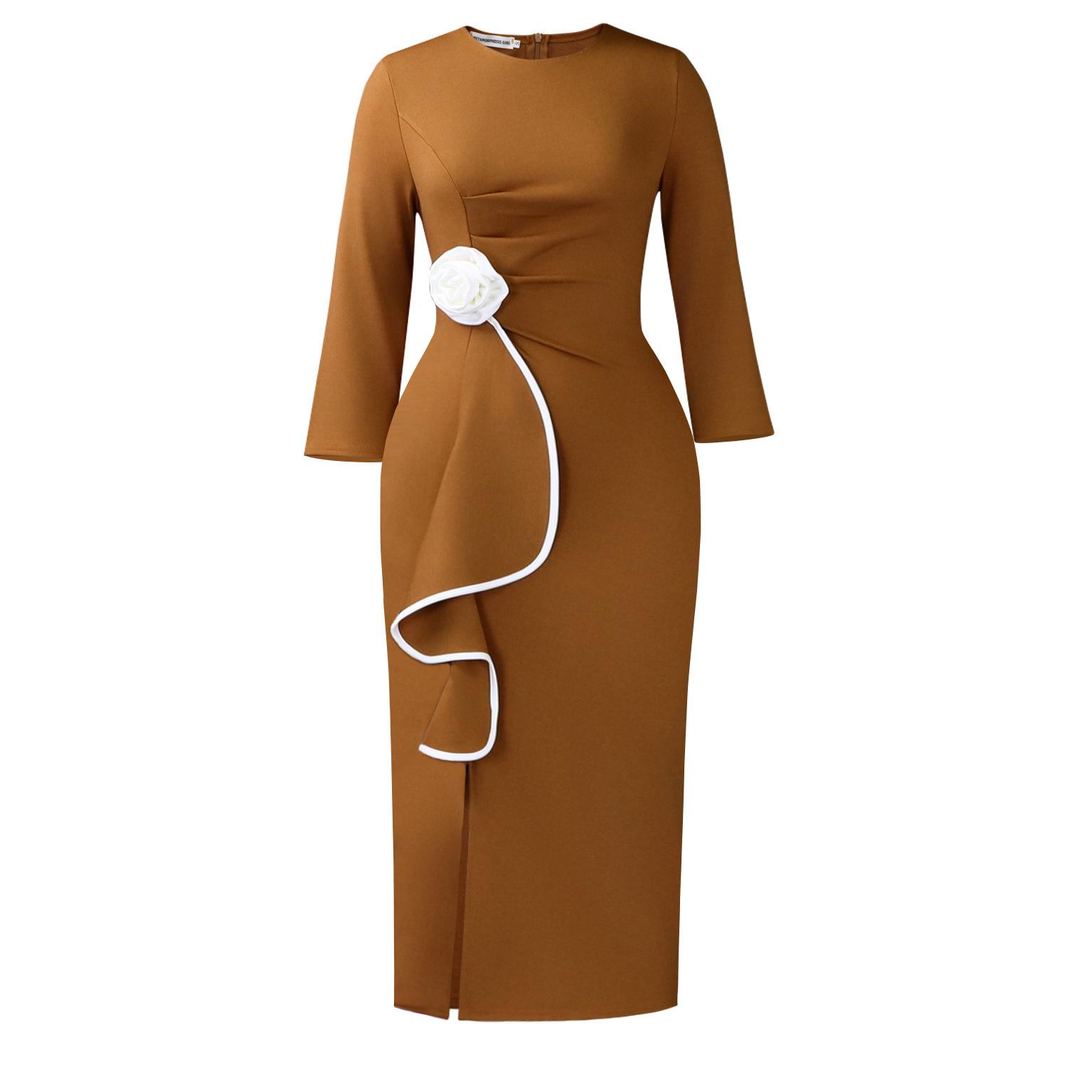 

Women s large-size elegant round neck three-dimensional flower fashion ruffle leaf hip-wrapped temperament dress XXXL коричневий