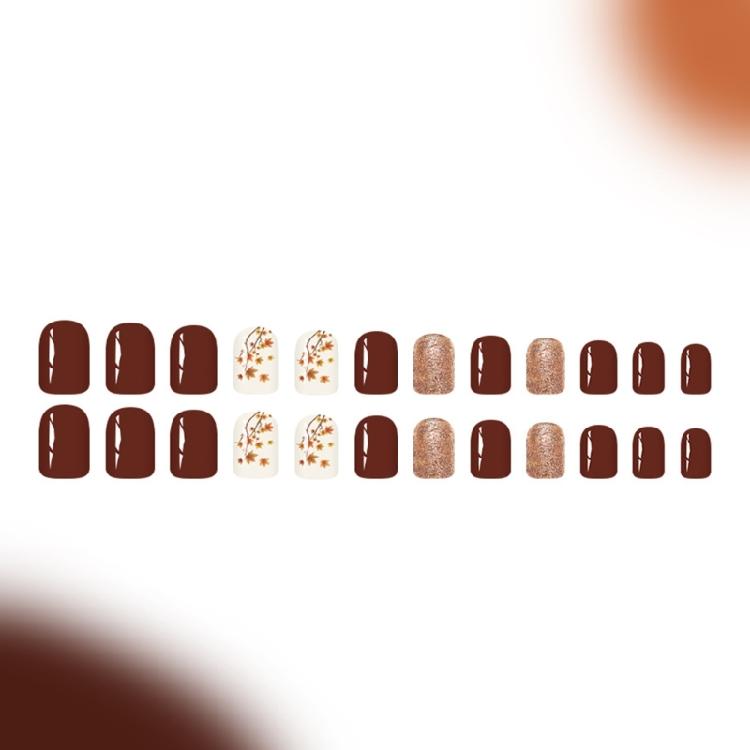 Höst Vinter Korta Fyrkantiga Lösnaglar 24 Styck Glansig Finish Skimrande Brun Lönnlöv Design Inga Verktyg Press On Nagel