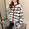Autumn Winter New Versatile Stripe Color Block Button Round Neck Knitted Cardigan Women Core Yarn Long Sleeved Commuter Sweater