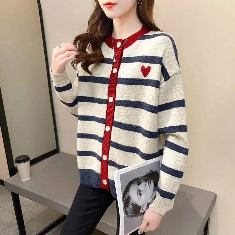Autumn Winter New Versatile Stripe Color Block Button Round Neck Knitted Cardigan Women Core Yarn Long Sleeved Commuter Sweater