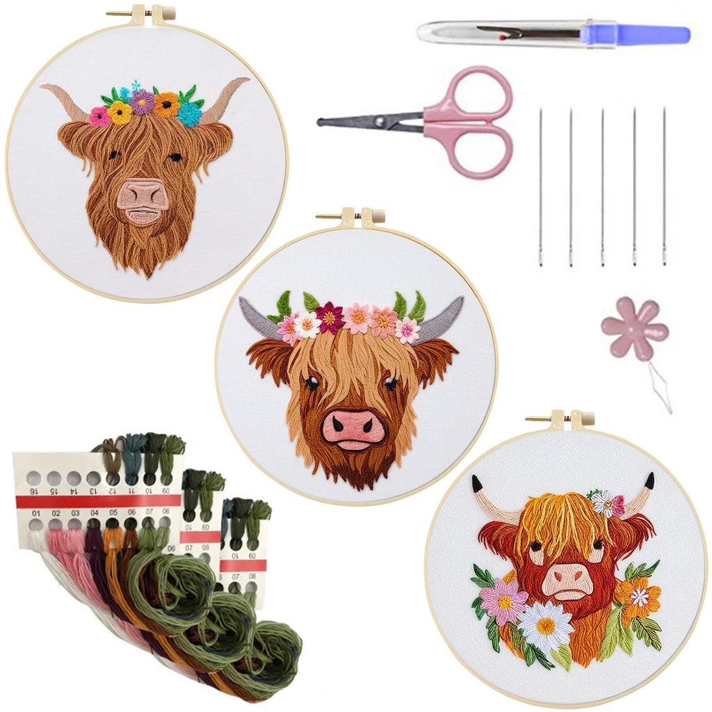 3 Pack Animal DIY Embroidery Stitches Practice Kit with Embroidery Hoop Needlework Craft for Adult Beginners Gift for Women