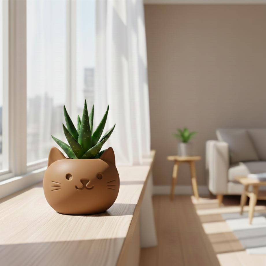 A Decorative Brown Cat-shaped Flowerpot, Perfect for Succulents.