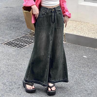 Spódnica damska Linia A Duża huśtawka Denim Retro Kieszenie Patchwork Jednolity kolor Wysoka talia Zapięcie na zamek błyskawiczny Długość do kostek Zgrywanie krawędzi Damska spódnica Maxi