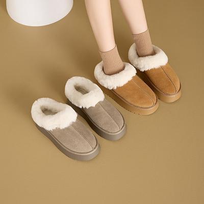 Kleine Leder-Schneestiefel Damen Herbst Dicksohlig Rutschfest Ein-Pedal Echt Haarige Kurze Stiefel Lässig Schnee Baumwolle