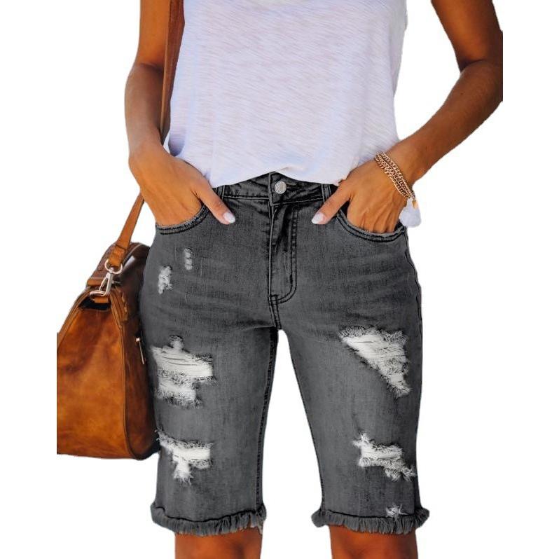 

Велосипедные джинсовые шорты, женские модные узкие шорты с пятью точками и кисточками, сексуальные женские летние тонкие короткие джинсы S серый