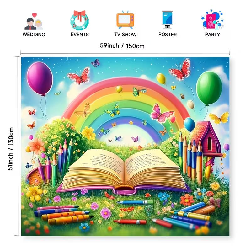 Rainbow Book & Crayons Kids Tapestry, Colorful Butterfly Floral Wall Hanging