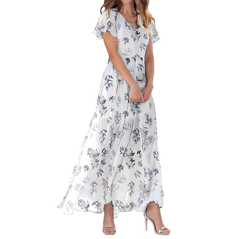 2025 Summer V-Neck Short Sleeve Printed Chiffon Swing Dress M