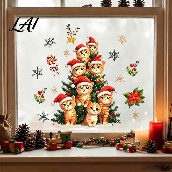 Cat Christmas Tree Decals Static Window Clings Orange Glass Stickers Santa Hat Kitten Holiday Decorations Xmas Decals Reusable Festive Decor