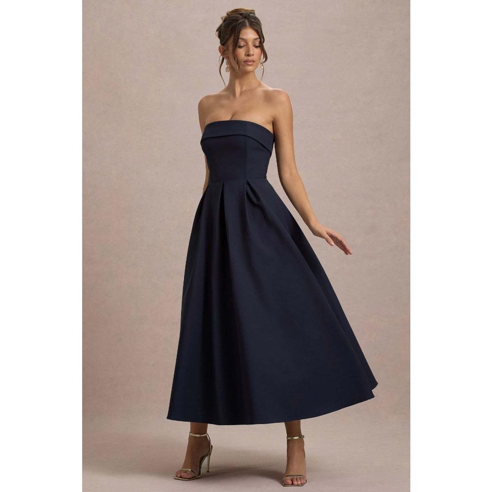 Women s Strapless Sleeveless Solid Midi Dress Slim Fit High Waist Pleated A-Line Elegant Wedding Guest Dress S темно-синий