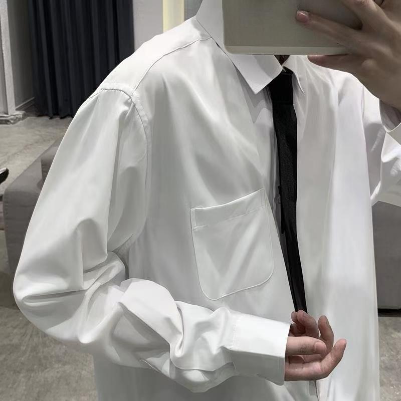 Men's Solid Color Shirt Male Turn Down Collar Black Tie Long Sleeved Shirt New Korean Style Loose Casual Comfortable Top