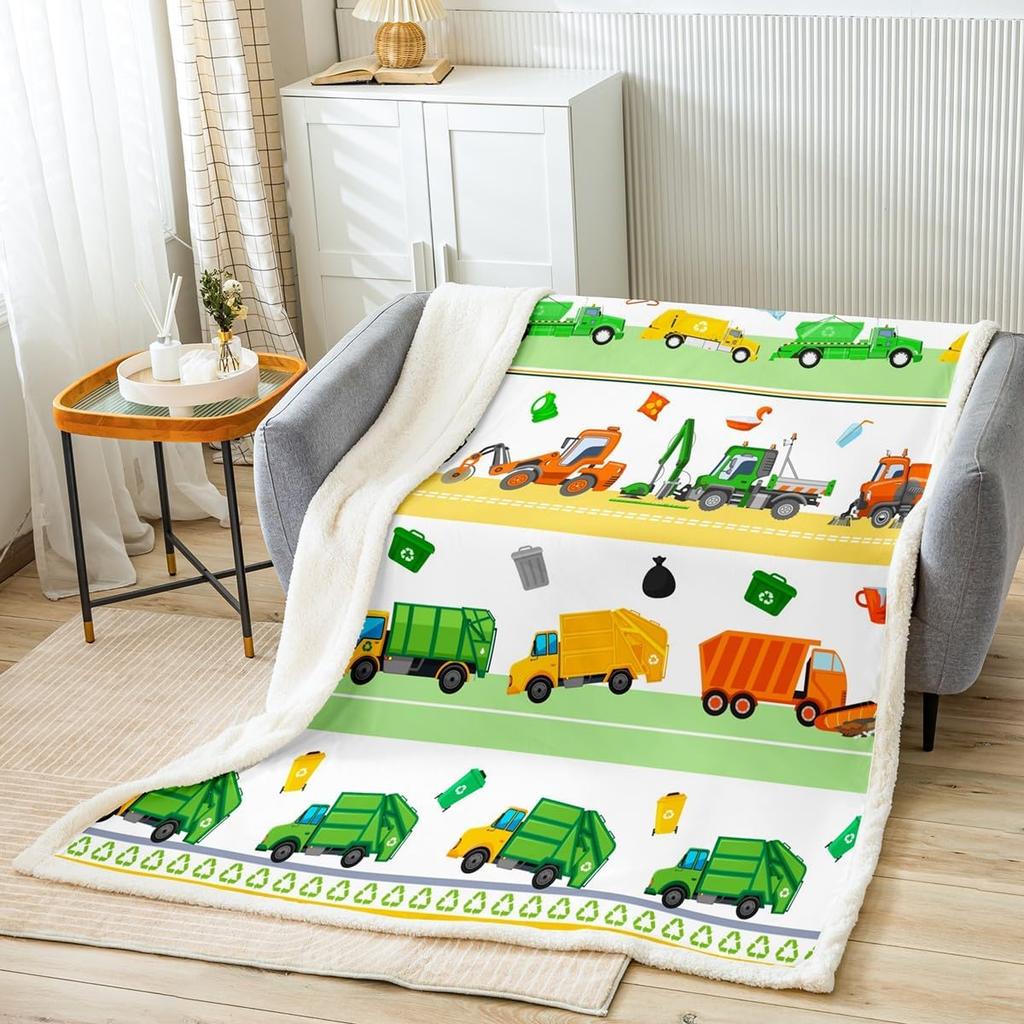 Garbage Trucks Kids Throw Blanket Cartoon US Vehicles Fleece Blanket for Boys Girls Adults Green Twin Size X Inches