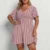 Mode Kurzarm Gestreift V-Ausschnitt Große Größe Kleid Elegante Damen Hohe Taille Lose Lässig A-Linie Party Kurzes Böhmisches Kleid Weibliche Damenbekleidung