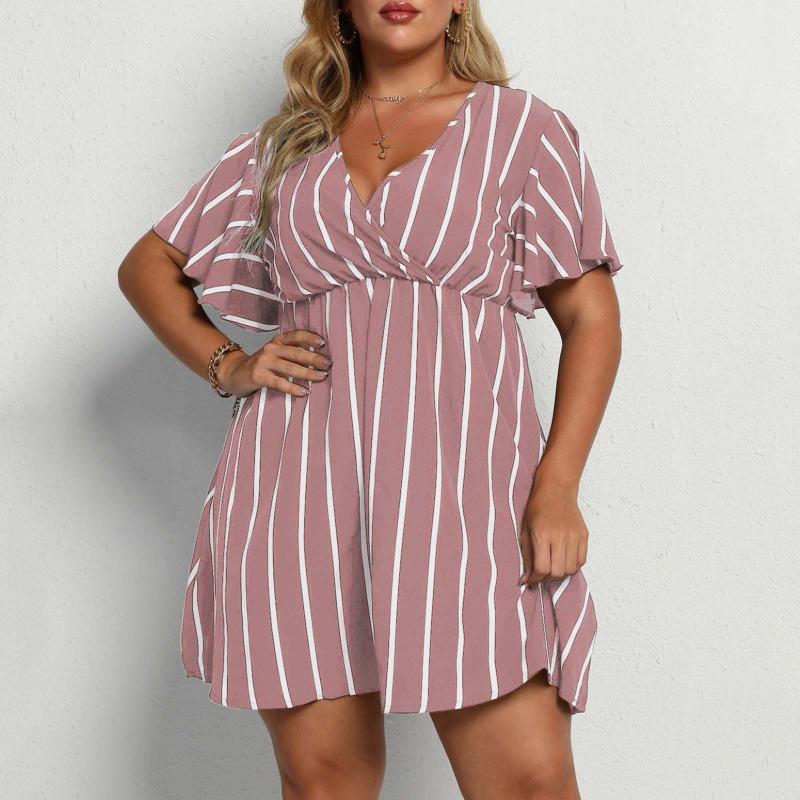 Mode Kurzarm Gestreift V-Ausschnitt Große Größe Kleid Elegante Damen Hohe Taille Lose Lässig A-Linie Party Kurzes Böhmisches Kleid Weibliche Damenbekleidung